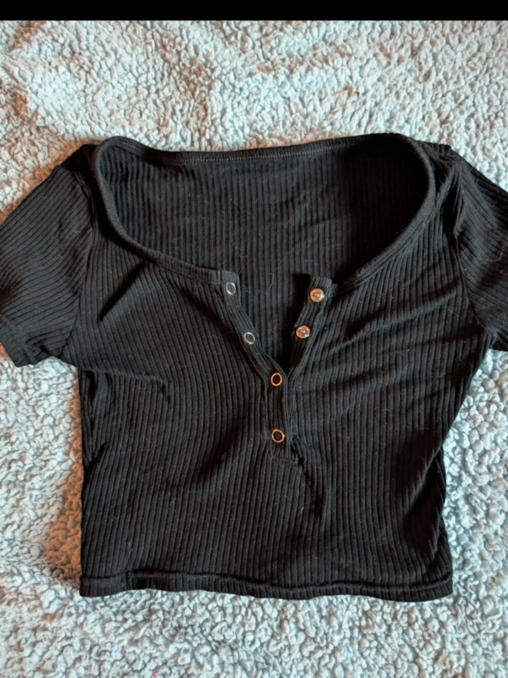 Black Ribbed Scoop Neck Henley Crop Top - Women